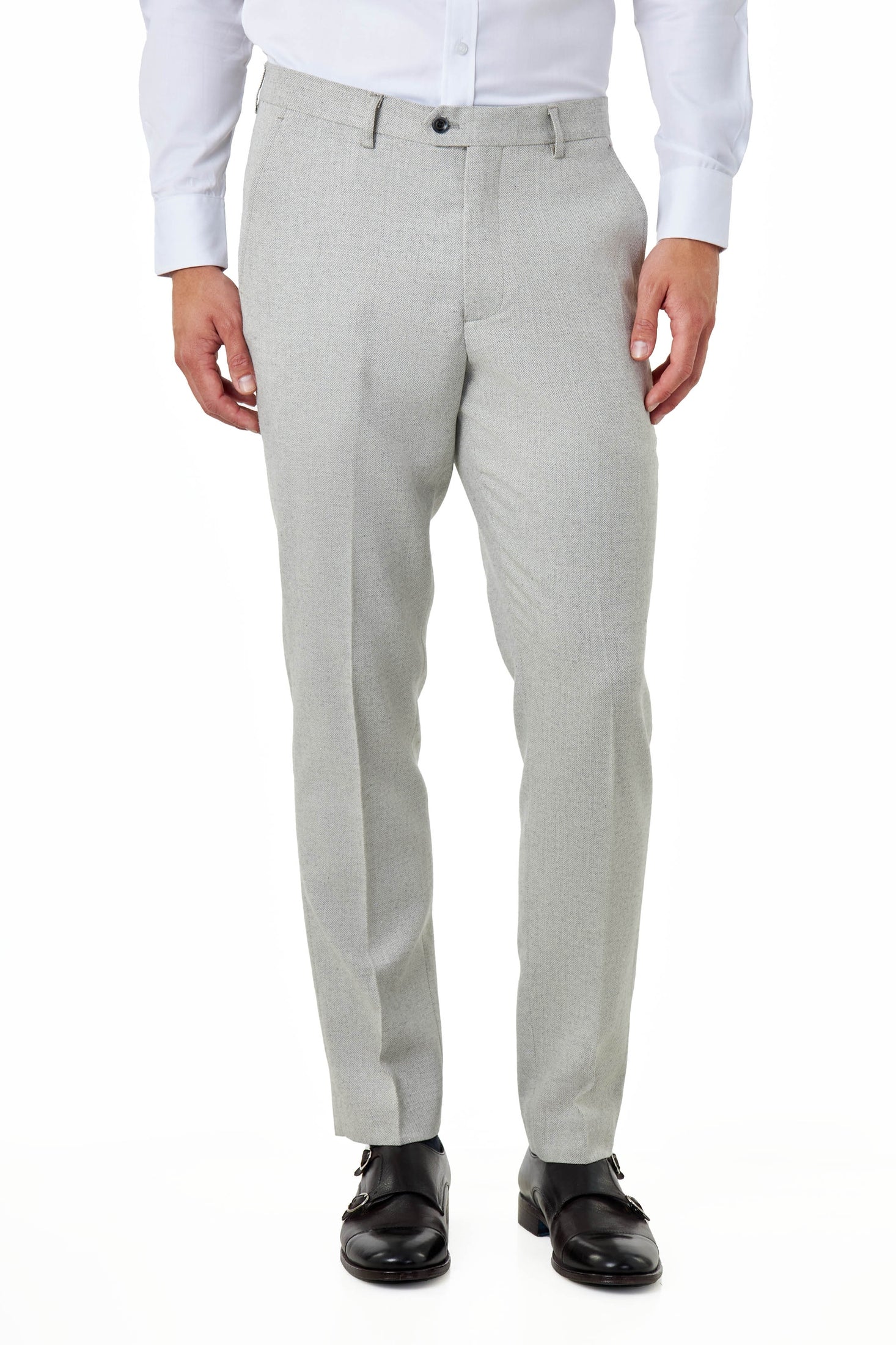CALIX – Grey Wool Mix Herringbone Tailored Suit Trousers