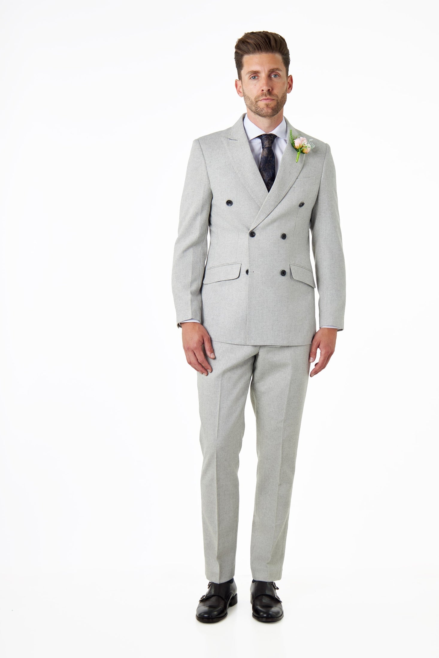 CALIX – Grey Wool Mix Herringbone Tailored Suit Trousers