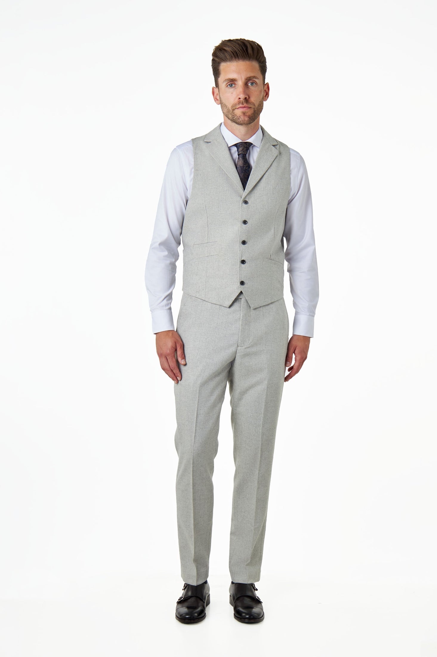 CALIX – Grey Wool Mix Herringbone Collared Waistcoat