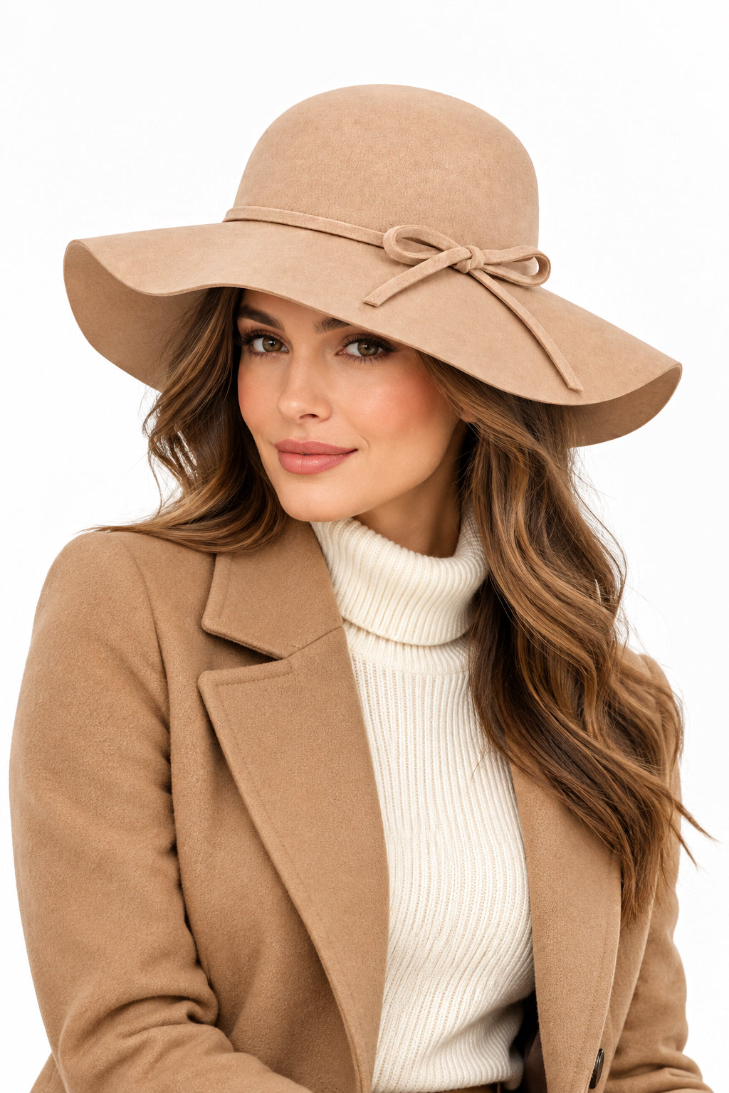 Ladies 100% Wool Wide Brim Floppy Hat with Bow Trim – Camel