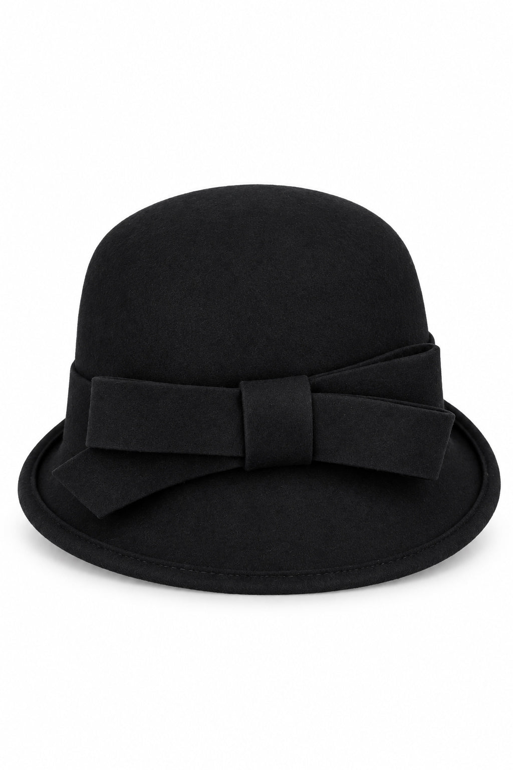 Ladies 100% Wool Cloche Hat with Strap Bow & Belt Detail – Black