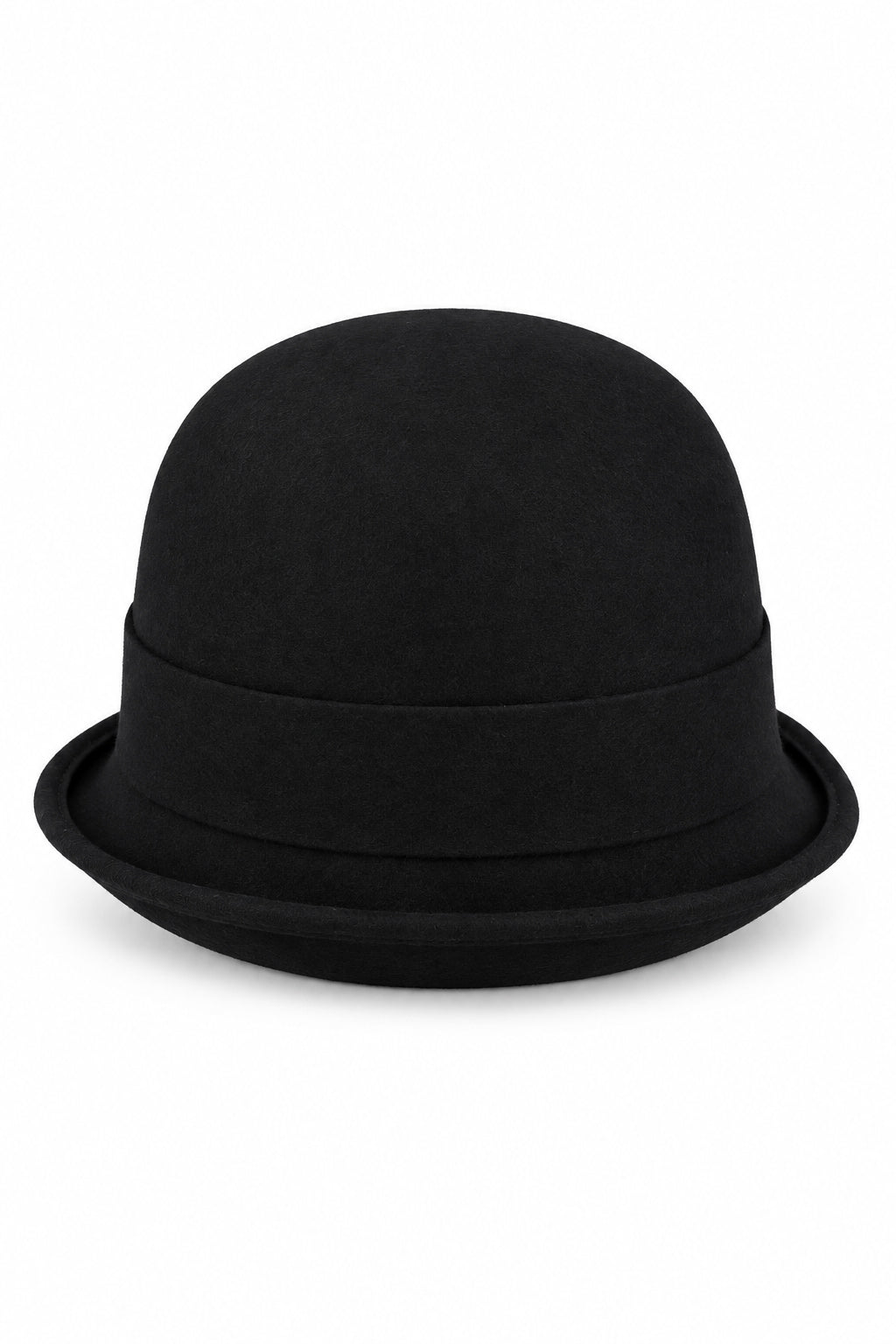 Ladies 100% Wool Cloche Hat with Strap Bow & Belt Detail – Black