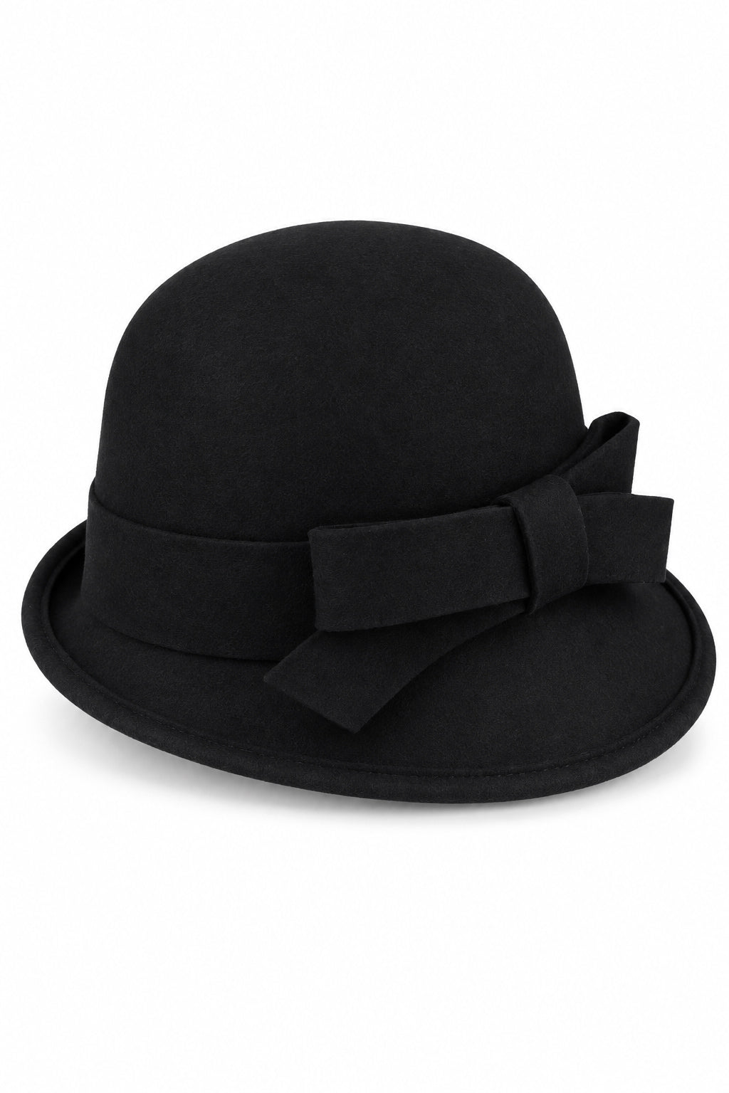 Ladies 100% Wool Cloche Hat with Strap Bow & Belt Detail – Black