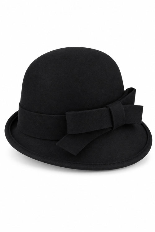 Ladies 100% Wool Cloche Hat with Strap Bow & Belt Detail – Black