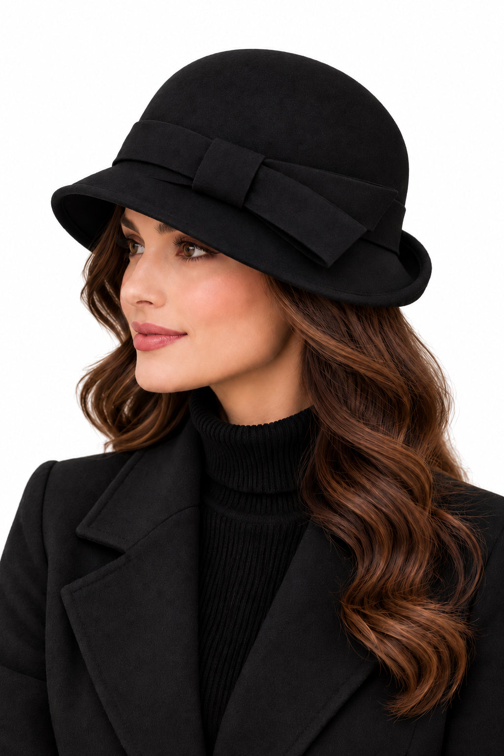 Ladies 100% Wool Cloche Hat with Strap Bow & Belt Detail – Black