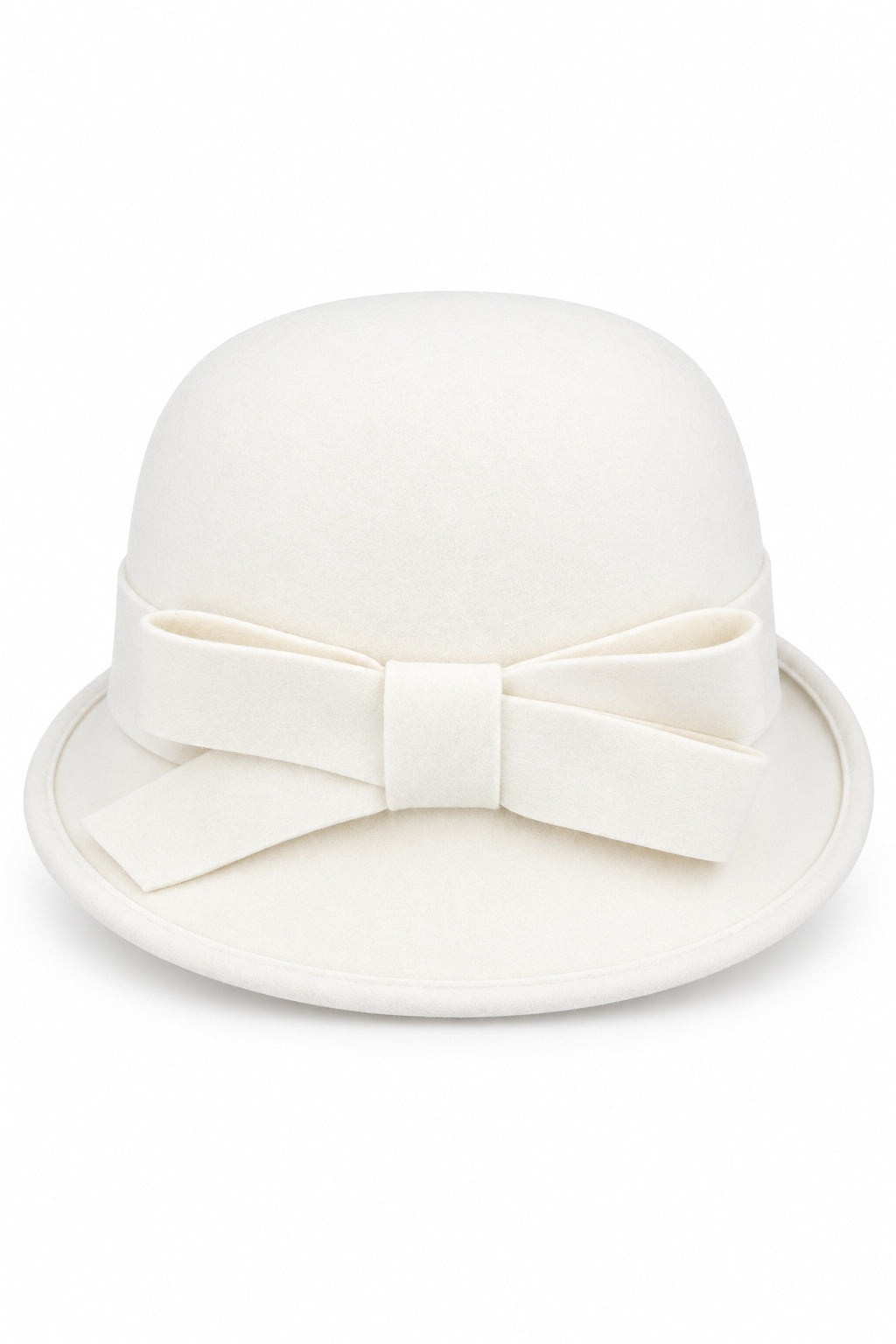 Ladies 100% Wool Cloche Hat with Strap Bow & Belt Detail – Ivory