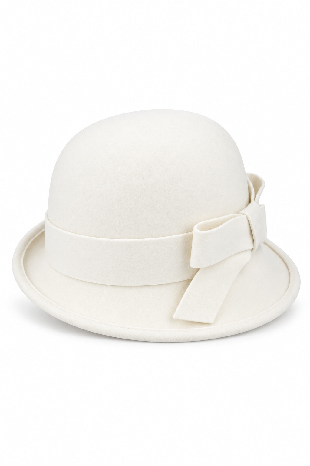 Ladies 100% Wool Cloche Hat with Strap Bow & Belt Detail – Ivory