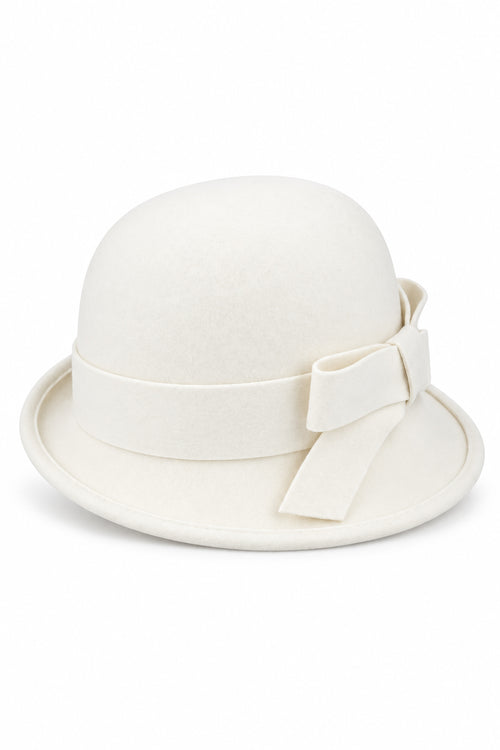 Ladies 100% Wool Cloche Hat with Strap Bow & Belt Detail – Ivory