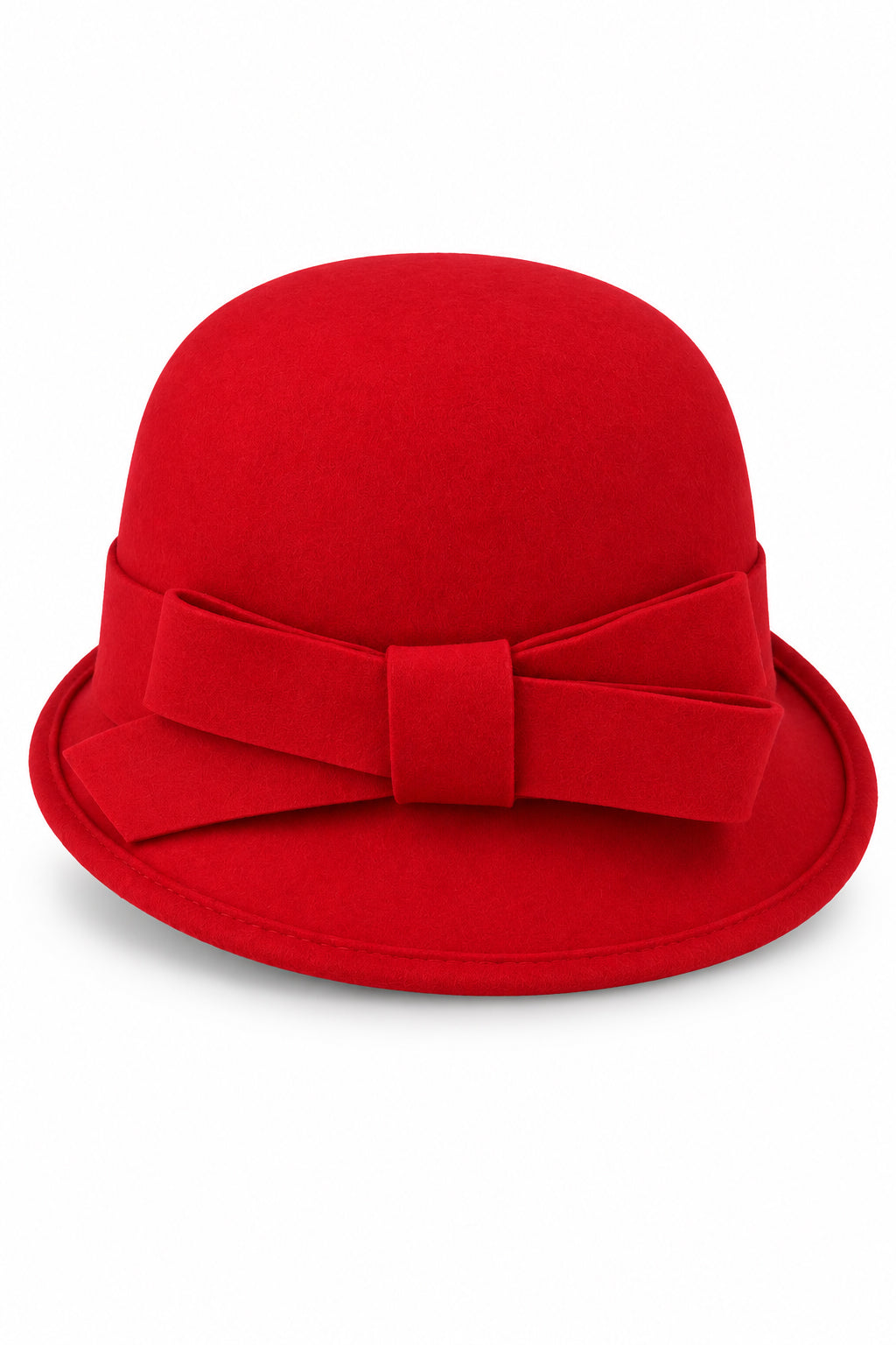 Ladies 100% Wool Cloche Hat with Strap Bow & Belt Detail – Red