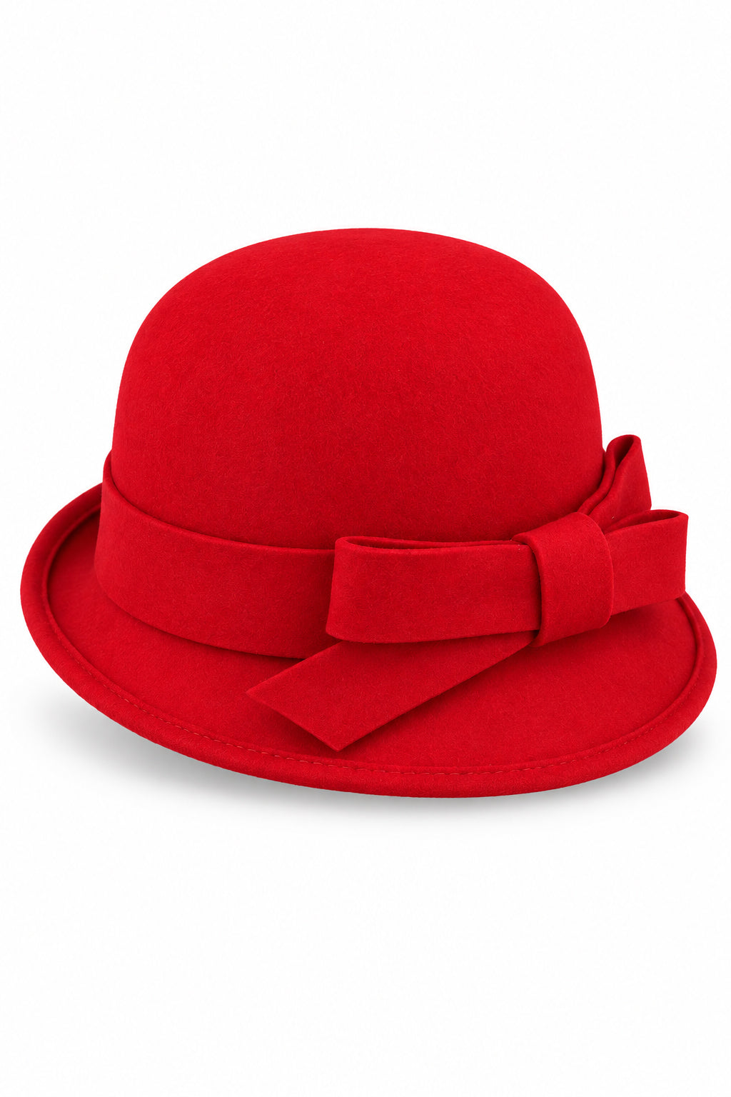 Ladies 100% Wool Cloche Hat with Strap Bow & Belt Detail – Red