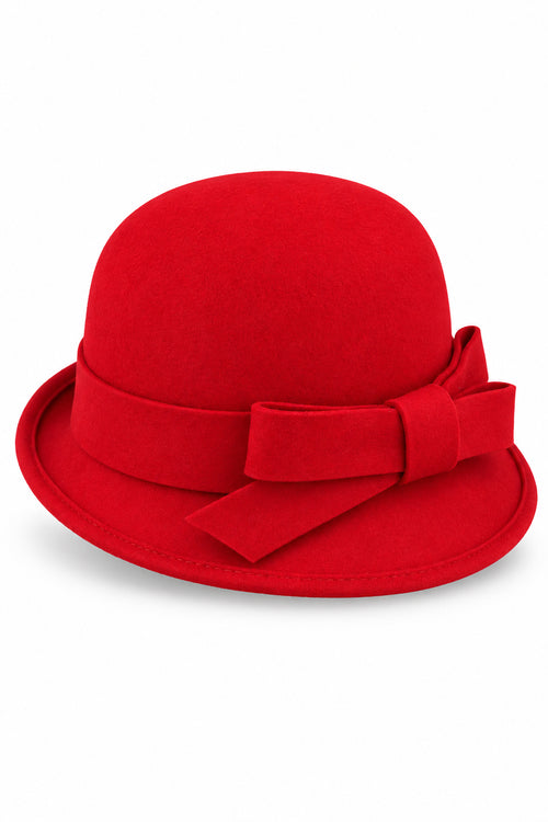 Ladies 100% Wool Cloche Hat with Strap Bow & Belt Detail – Red