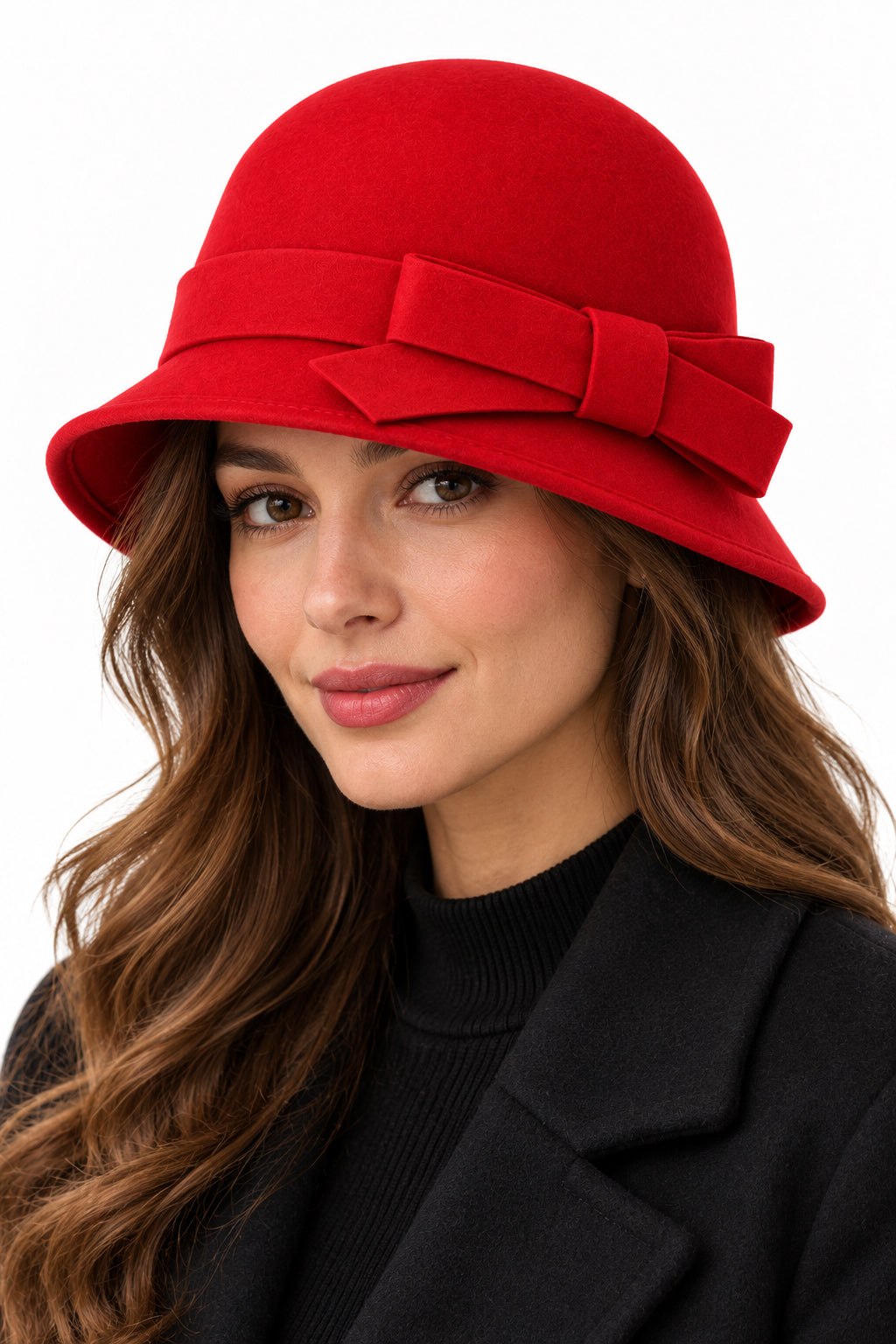 Ladies 100% Wool Cloche Hat with Strap Bow & Belt Detail – Red