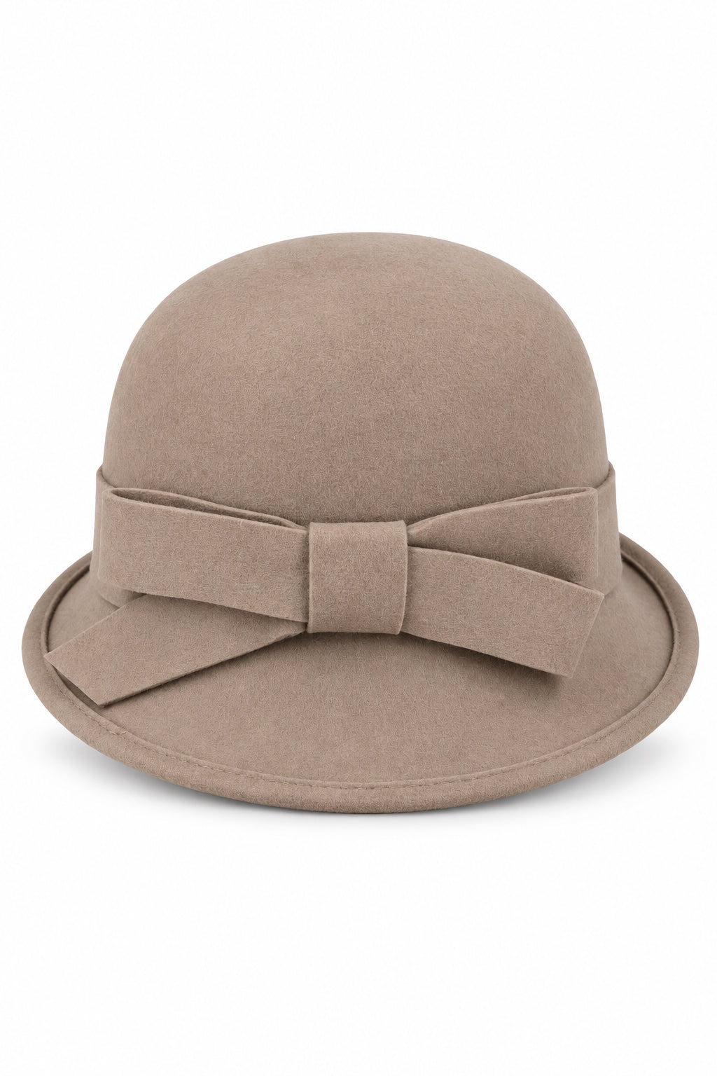 Ladies 100% Wool Cloche Hat with Strap Bow & Belt Detail – Tan