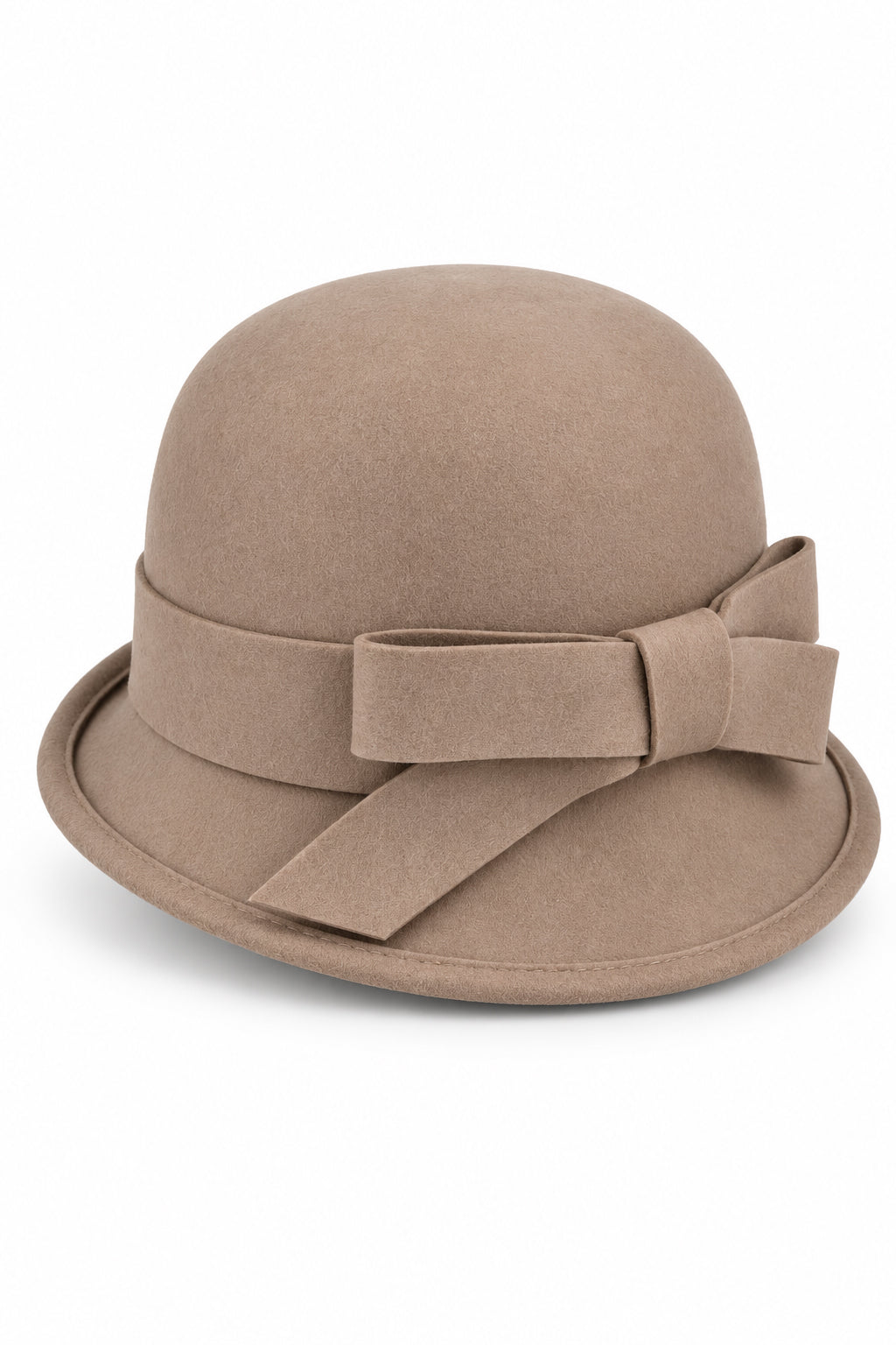 Ladies 100% Wool Cloche Hat with Strap Bow & Belt Detail – Tan