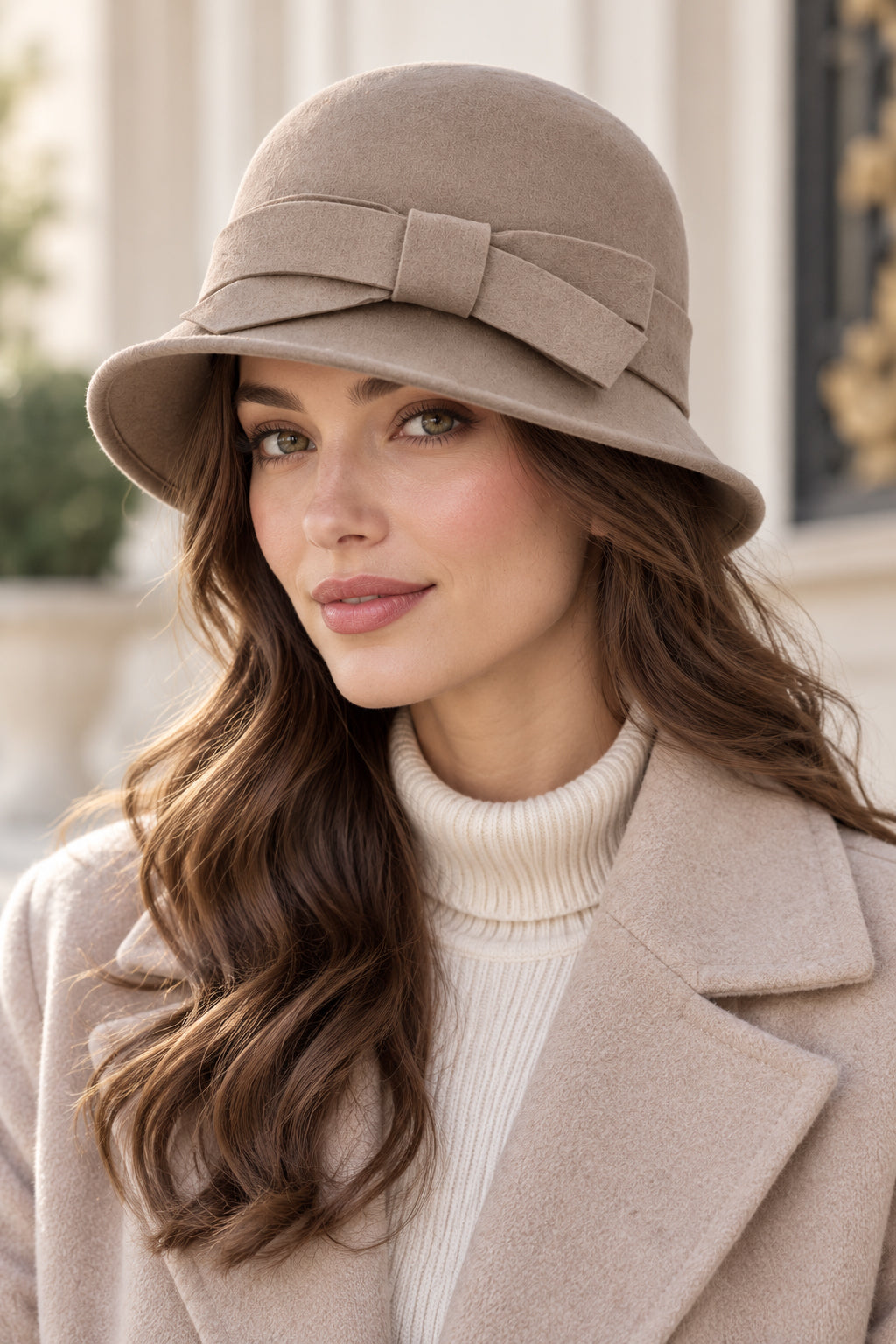 Ladies 100% Wool Cloche Hat with Strap Bow & Belt Detail – Tan