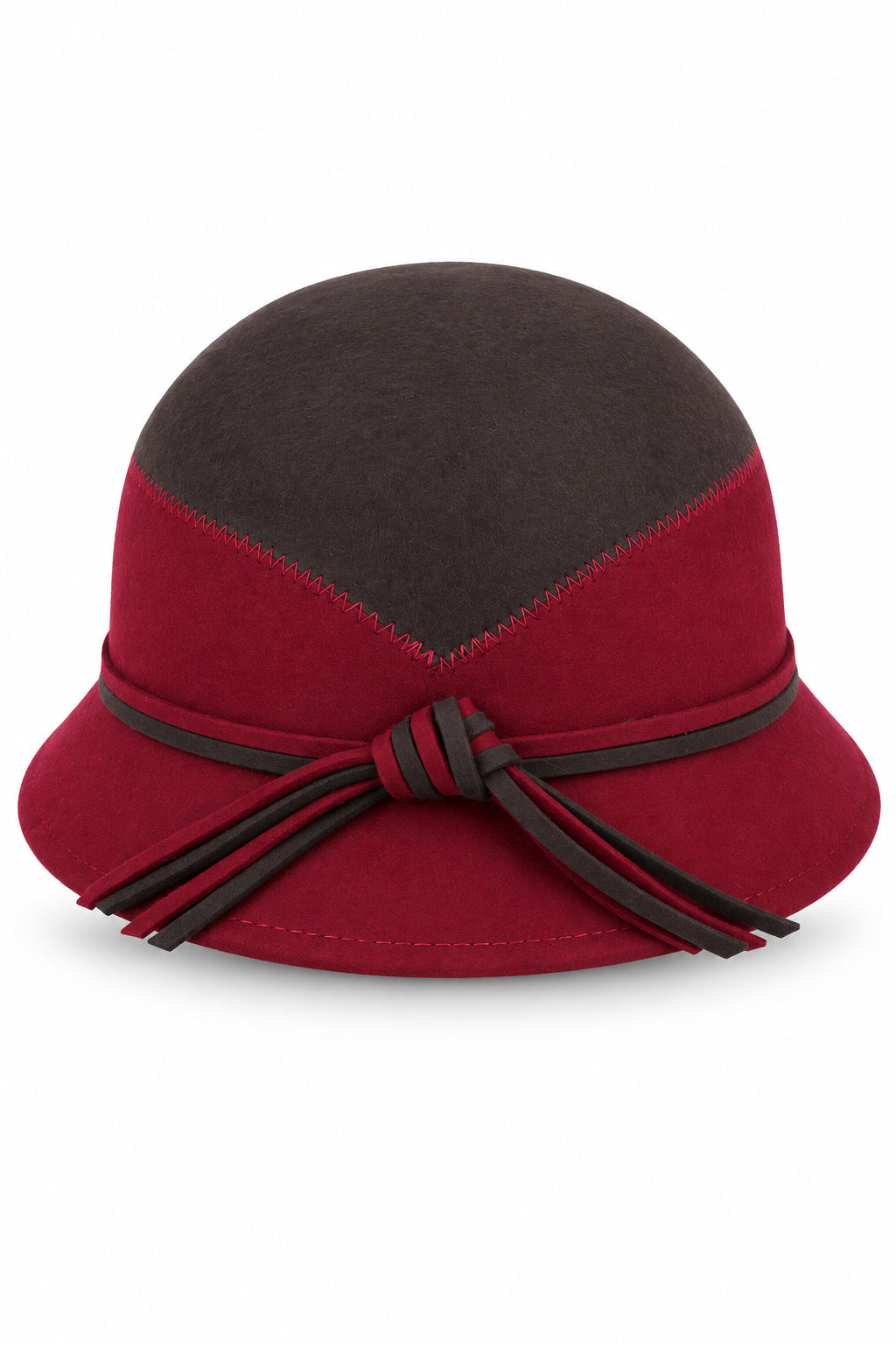 Ladies Vintage 100% Wool Two-Tone Cloche Hat with Strap Bow Trim – Burgundy & Brown