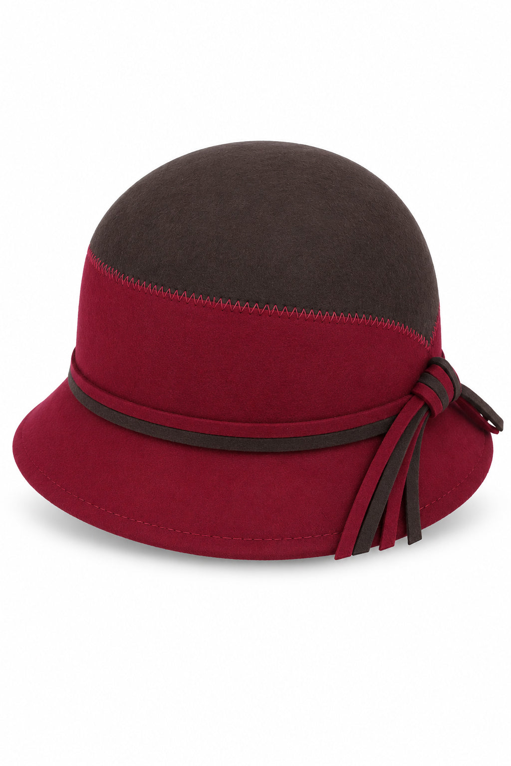 Ladies Vintage 100% Wool Two-Tone Cloche Hat with Strap Bow Trim – Burgundy & Brown