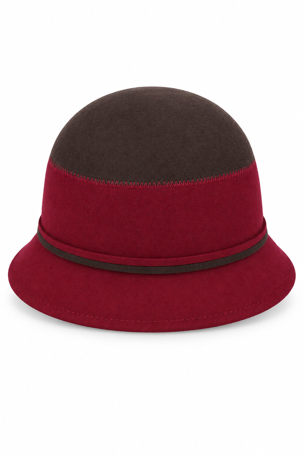 Ladies Vintage 100% Wool Two-Tone Cloche Hat with Strap Bow Trim – Burgundy & Brown
