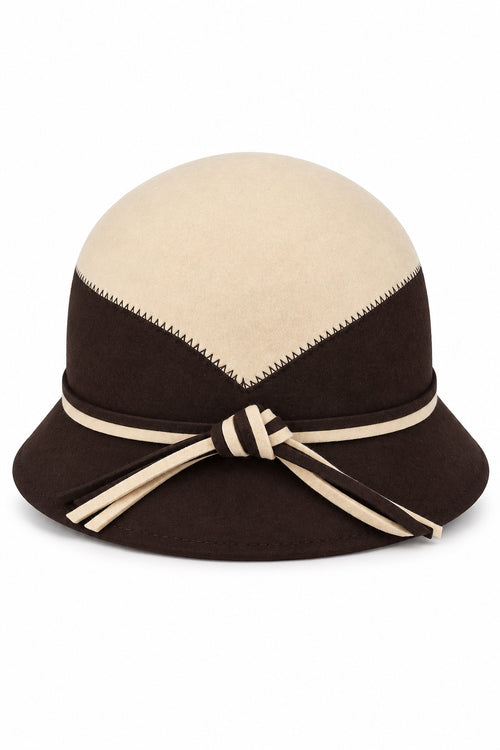 Ladies Vintage 100% Wool Two-Tone Cloche Hat with Strap Bow Trim – Tan & Brown
