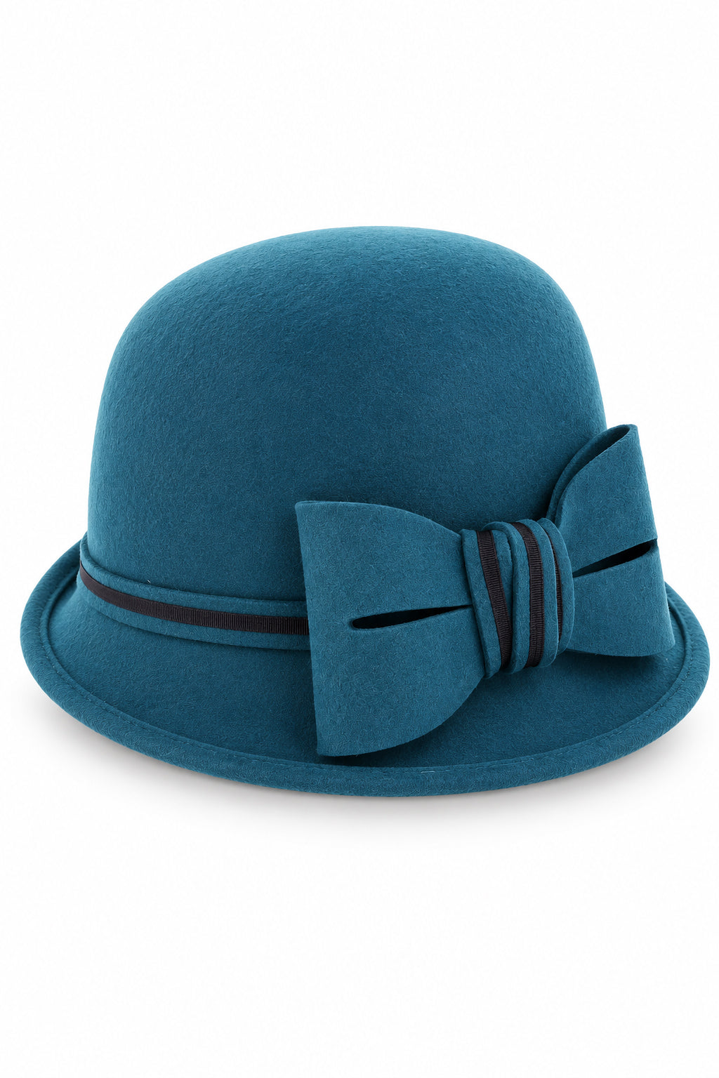 Ladies Chic Vintage Wool Cloche Hat with Bow & Belt – Teal
