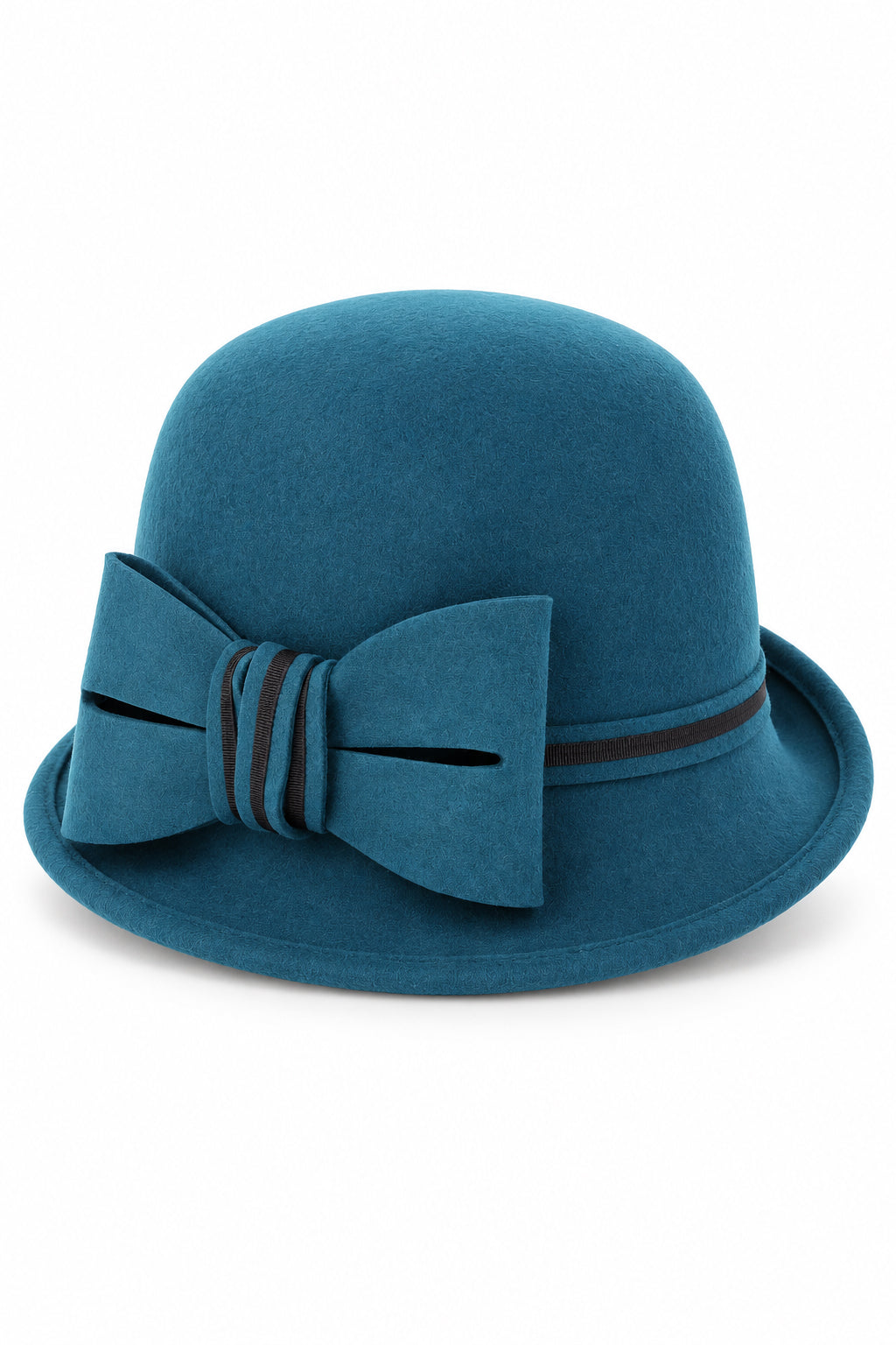 Ladies Chic Vintage Wool Cloche Hat with Bow & Belt – Teal