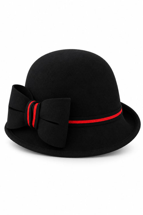 Ladies Chic Vintage Wool Cloche Hat with Bow & Belt – Black