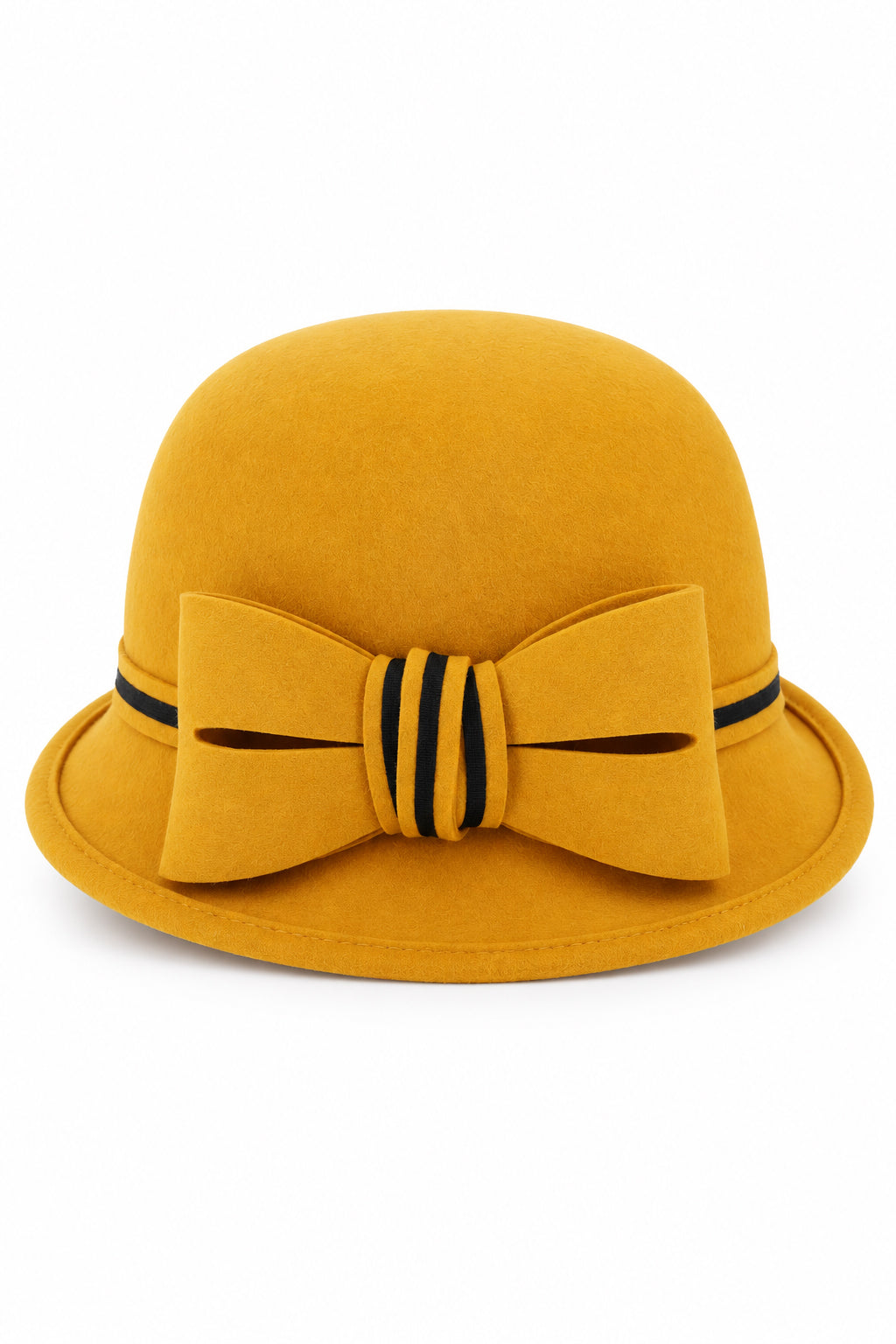 Ladies Chic Vintage Wool Cloche Hat with Bow & Belt - Mustard
