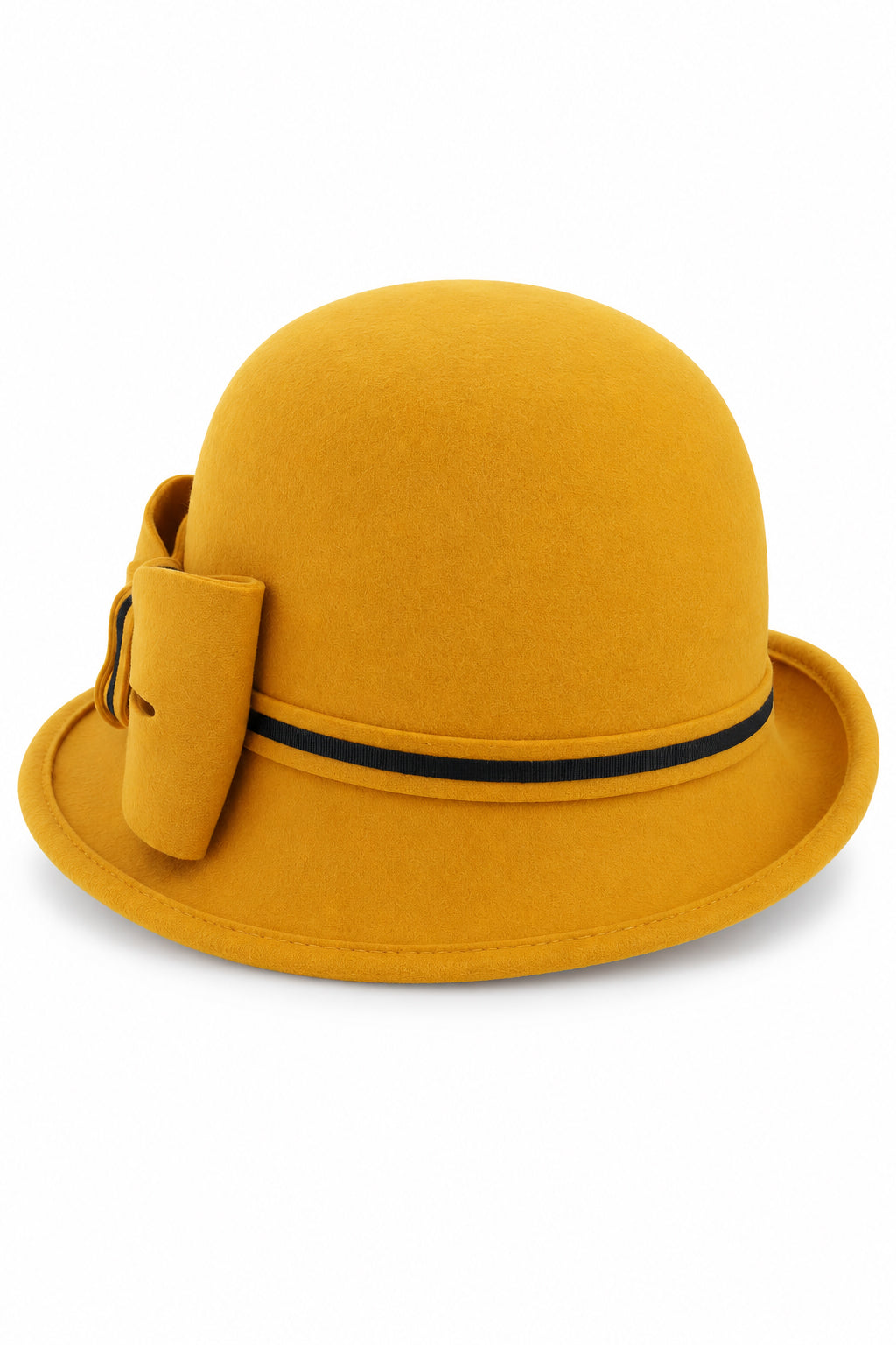Ladies Chic Vintage Wool Cloche Hat with Bow & Belt - Mustard
