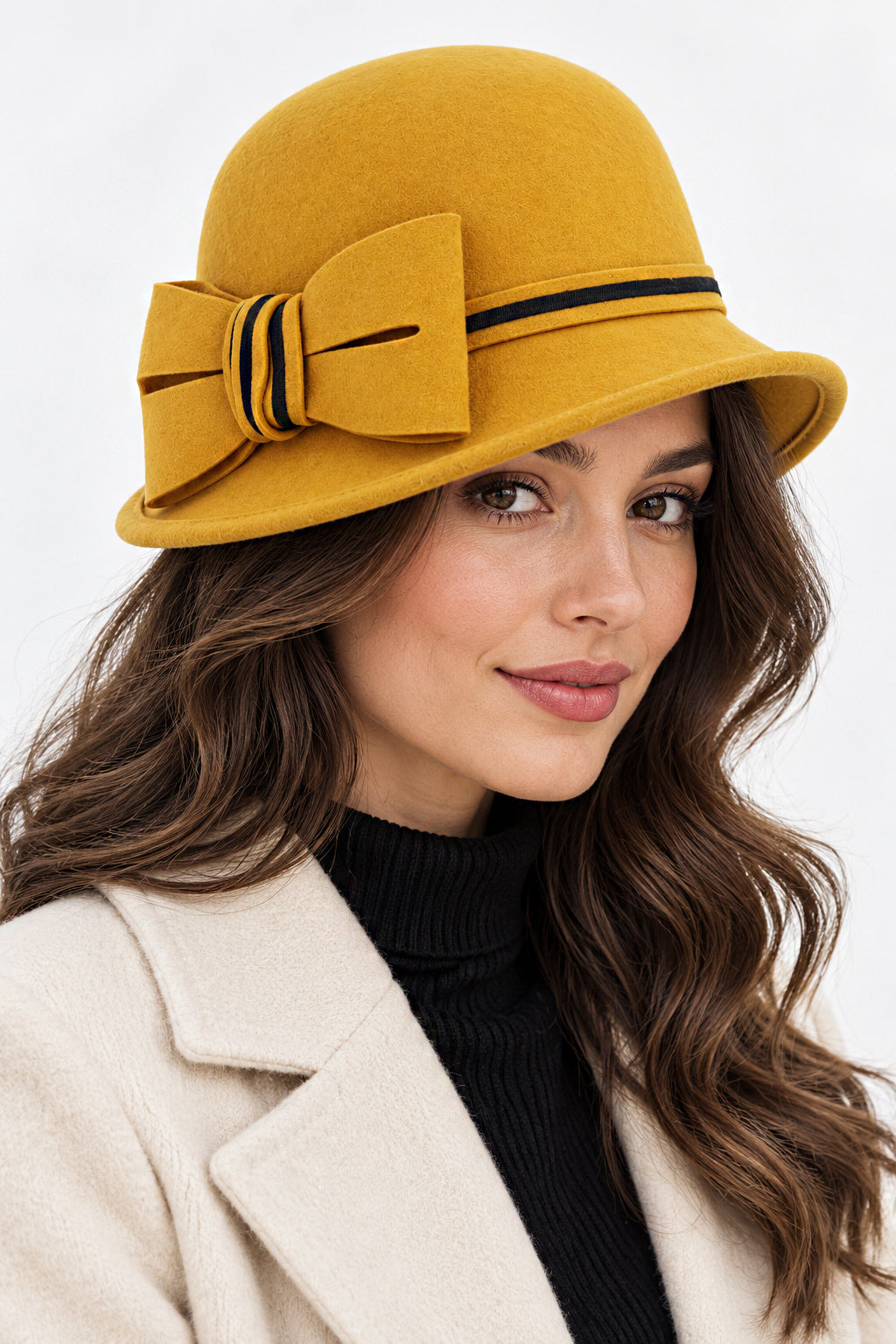 Ladies Chic Vintage Wool Cloche Hat with Bow & Belt - Mustard