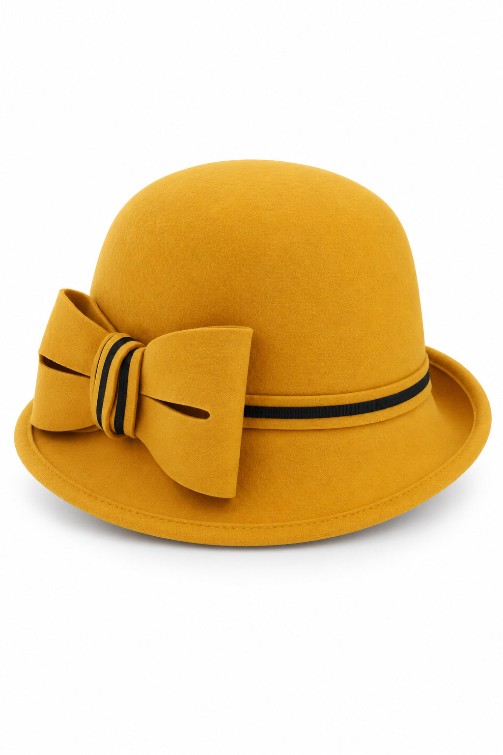 Ladies Chic Vintage Wool Cloche Hat with Bow & Belt - Mustard