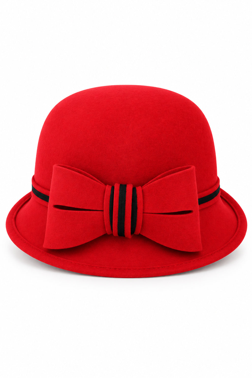 Ladies Chic Vintage Wool Cloche Hat with Bow & Belt – Red