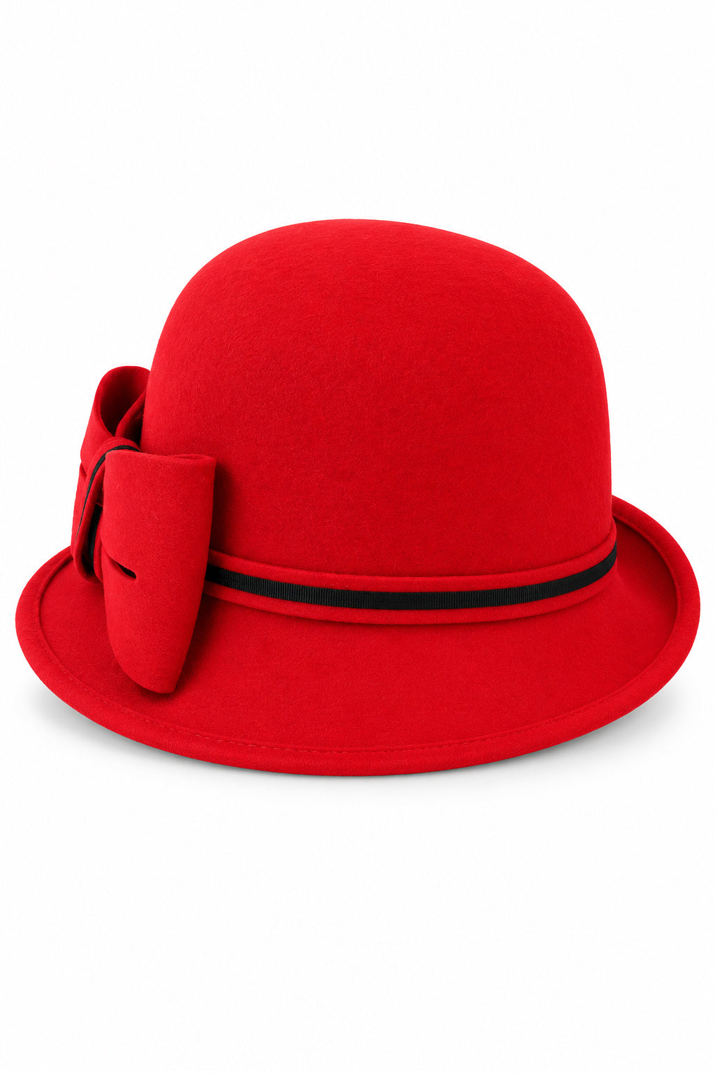 Ladies Chic Vintage Wool Cloche Hat with Bow & Belt – Red