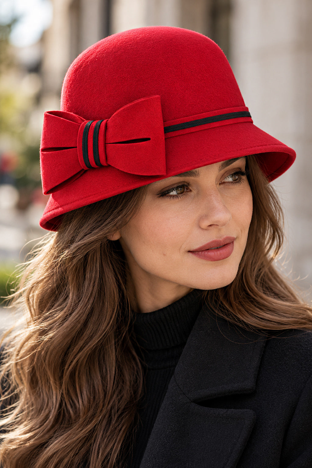 Ladies Chic Vintage Wool Cloche Hat with Bow & Belt – Red