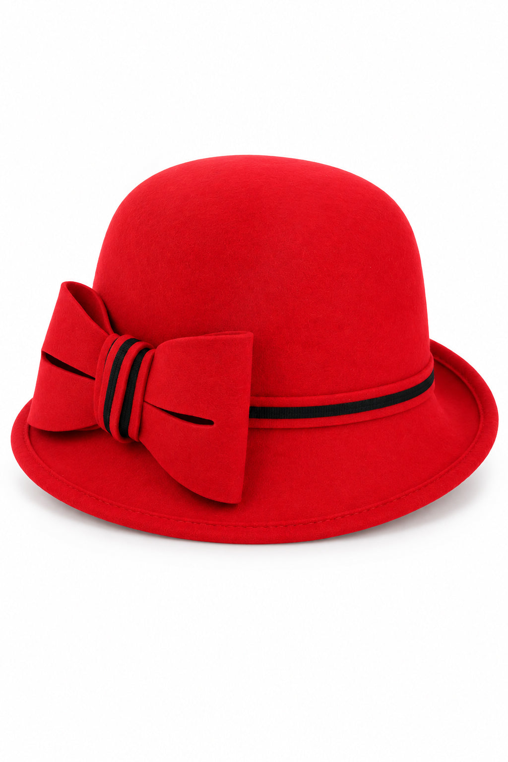 Ladies Chic Vintage Wool Cloche Hat with Bow & Belt – Red