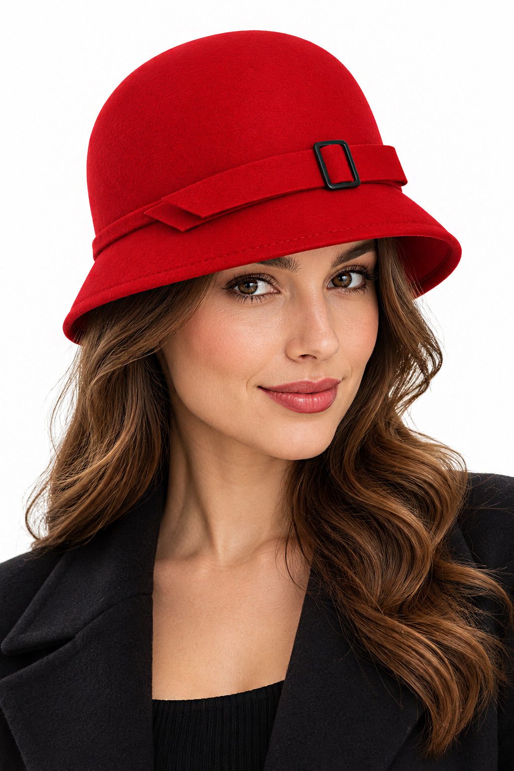 Ladies Vintage 100% Wool Cloche Hat with Buckle & Belt – Red