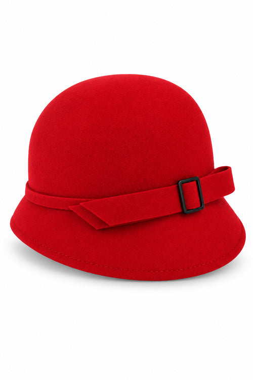 Ladies Vintage 100% Wool Cloche Hat with Buckle & Belt – Red