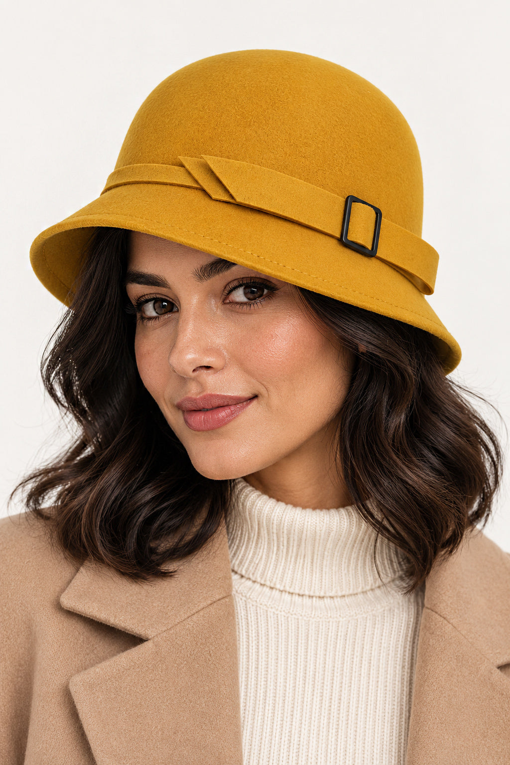 Ladies Vintage 100% Wool Cloche Hat with Buckle & Belt – Mustard