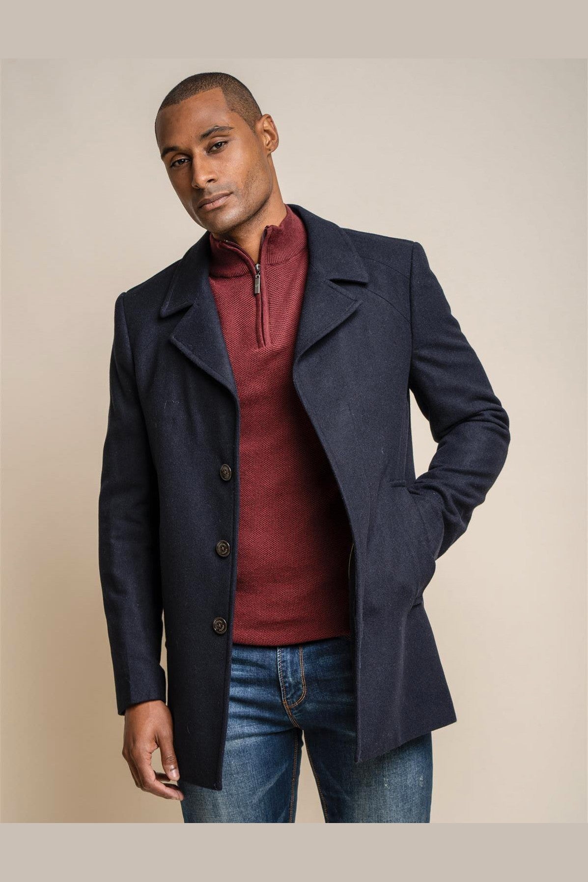 Cavani - Nelson Mid Wool Overcoat in Navy