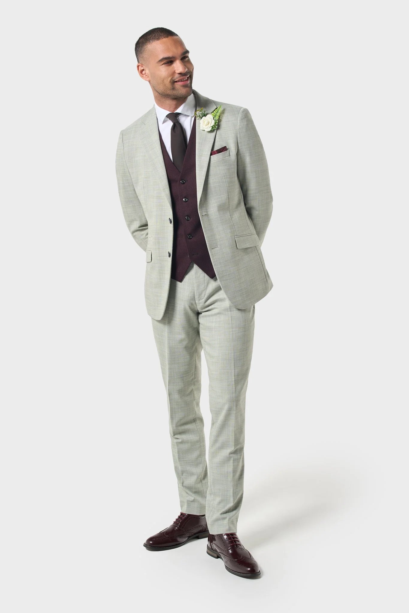 Cavani Camden mens Sage Tailored Suit with Elegant Maroon Waistcoat
