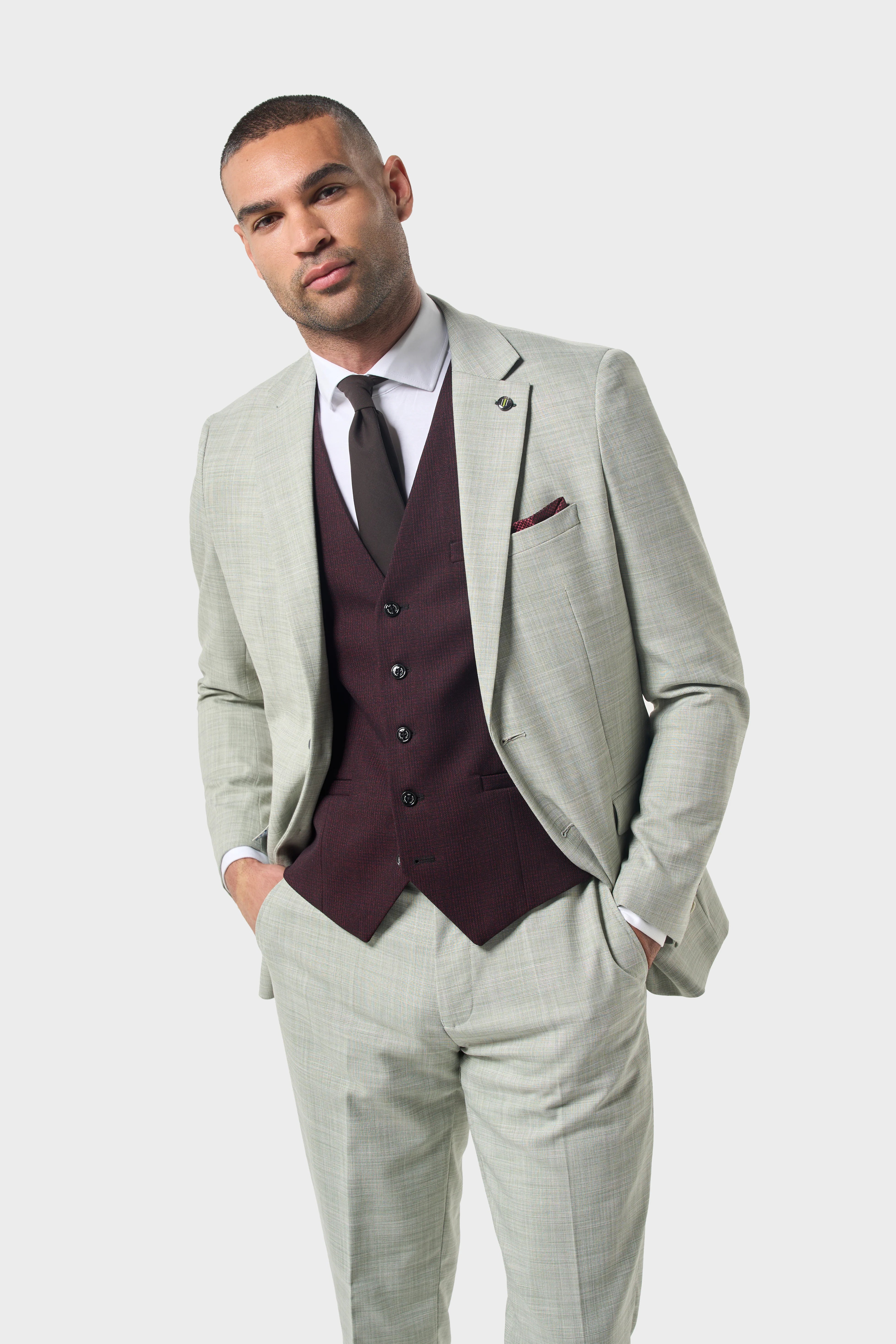 Cavani Camden mens Sage Tailored Suit with Elegant Maroon Waistcoat