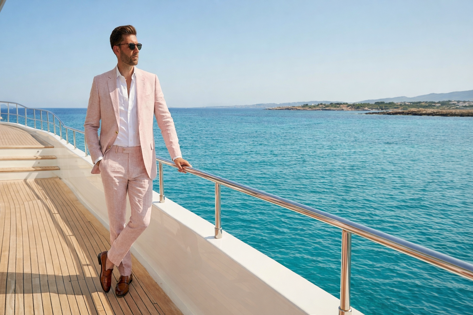 Man in a pink suit standing on a yacht deck with ocean view