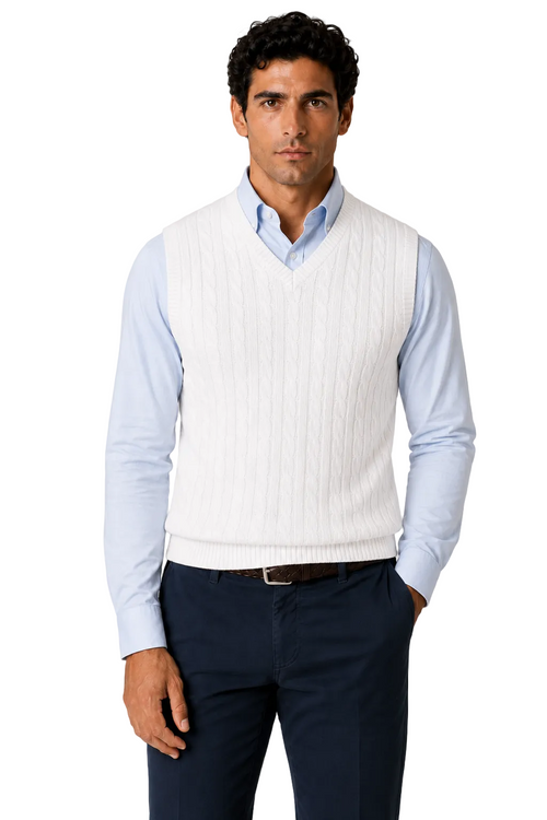 Mens Classic Knitted Sleeveless V Neck White Jumper