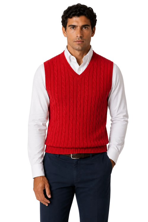 Mens Classic Knitted Sleeveless V Neck Red Jumper
