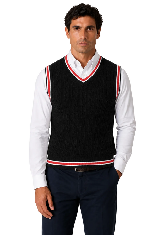 Mens Sleeveless V Neck Black Jumper Knitted Vest