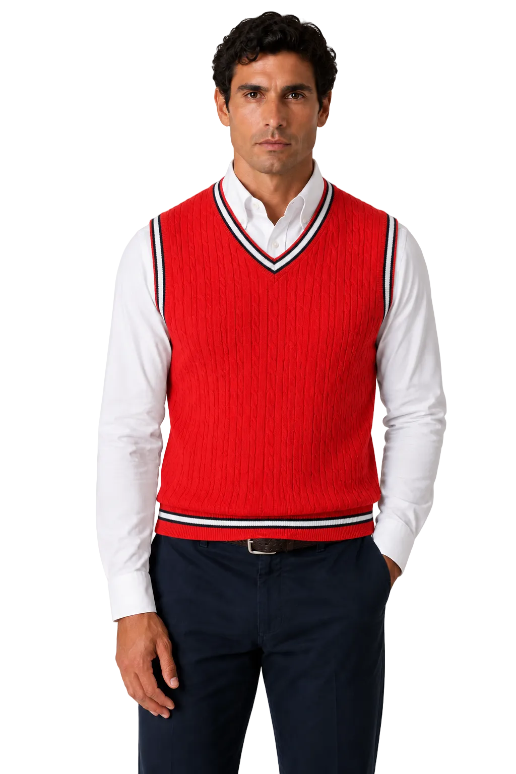 Mens Sleeveless V Neck Red Jumper Knitted Vest