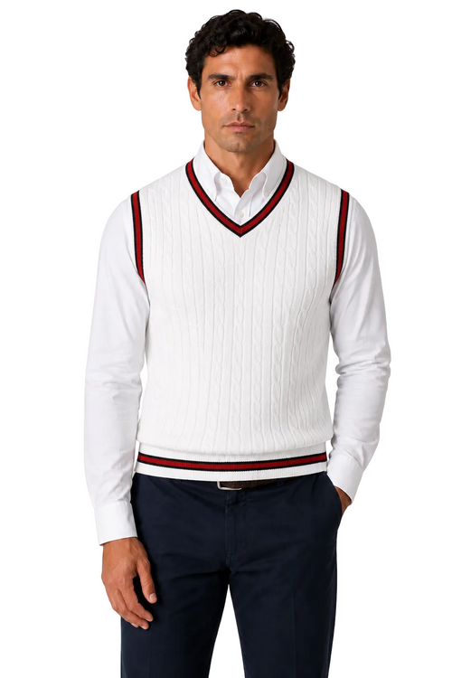 Mens Sleeveless V Neck White Jumper Knitted Vest