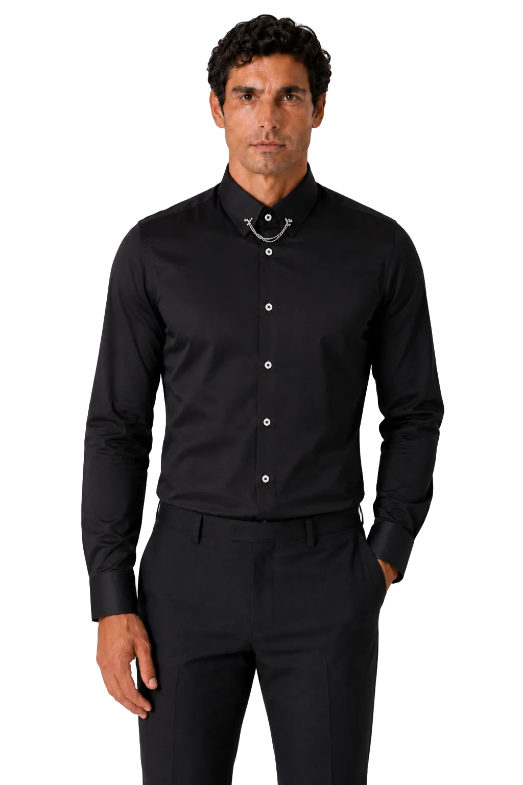 CLASSIC BLACK DRESS SHIRT PENNY COLLAR PIN BAR WITH CHAIN