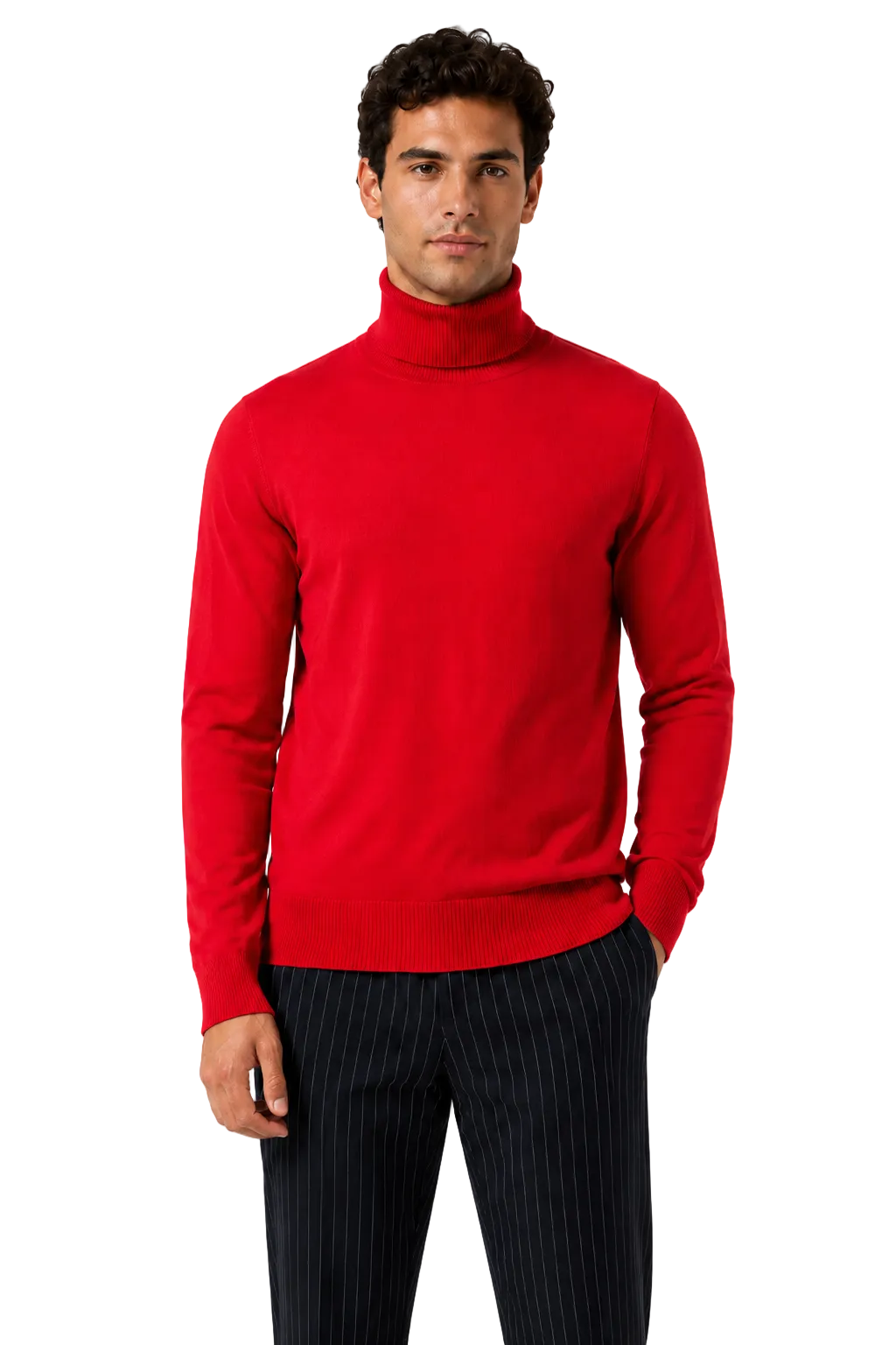 Men's Red Lightweight Stretch Cotton Roll Neck Jumper