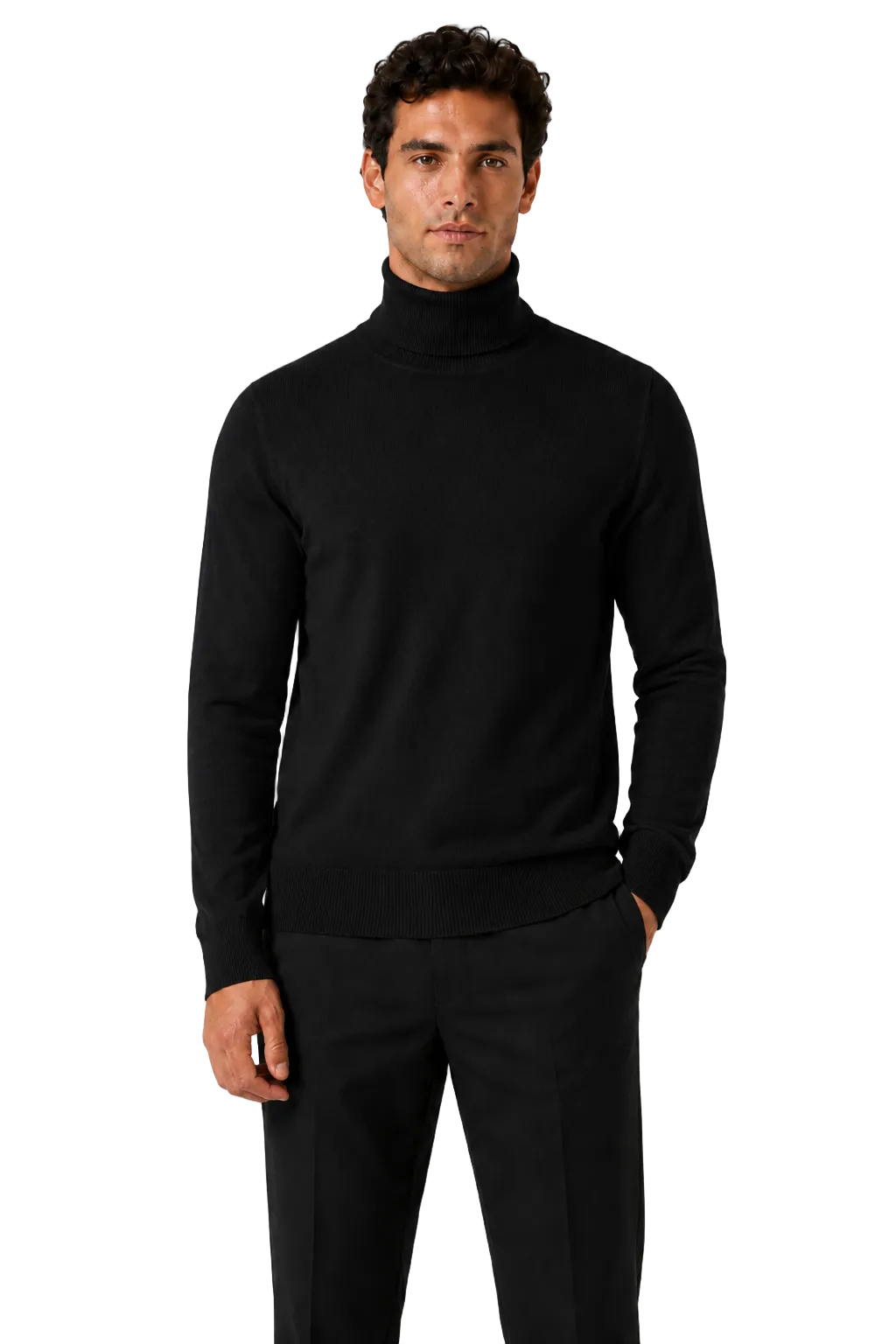 ROLL NECK JUMPER LIGHTWEIGHT STRETCH COTTON, BLACK