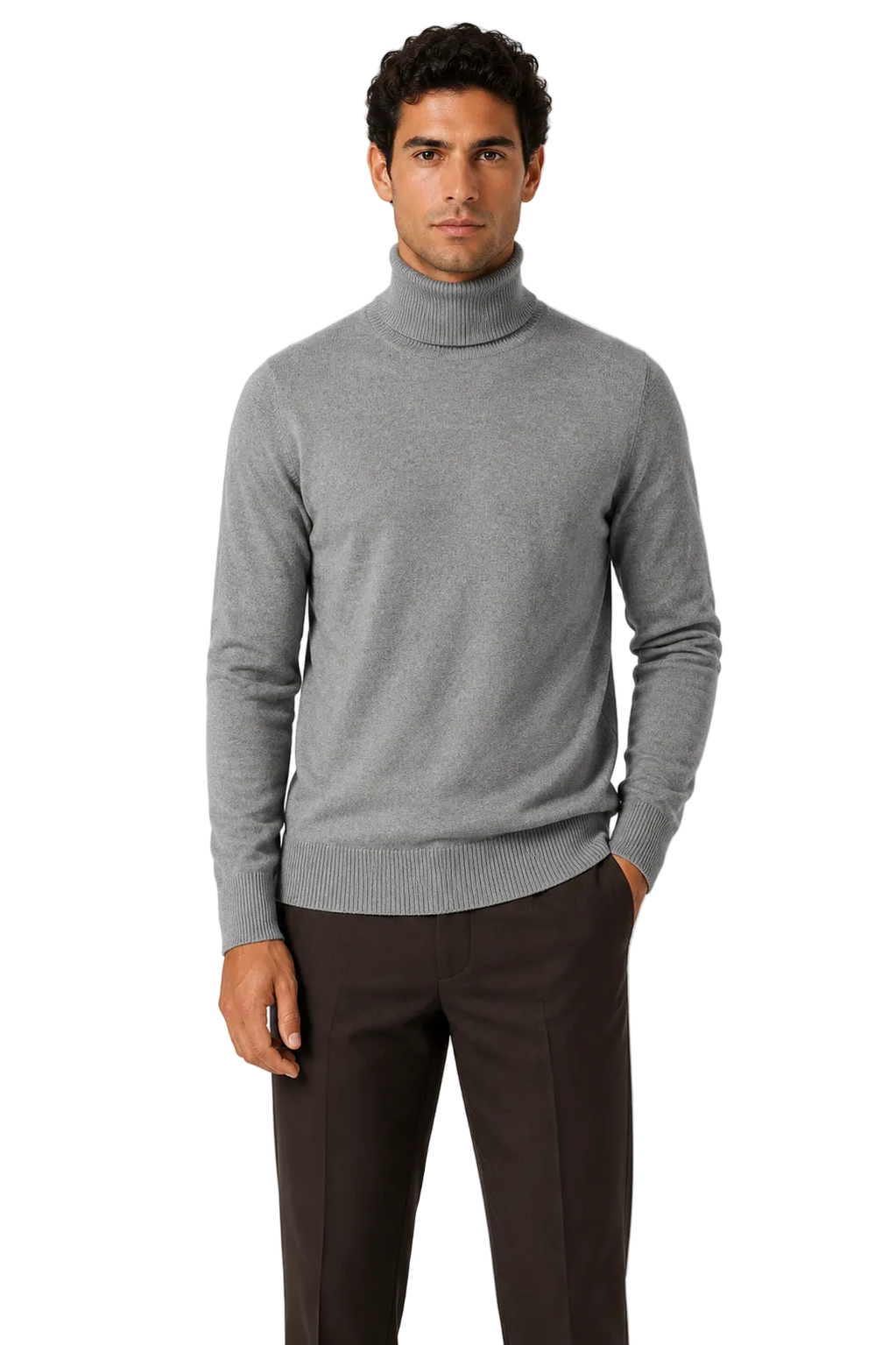 ROLL NECK JUMPER LIGHTWEIGHT STRETCH COTTON, LIGHT-GREY